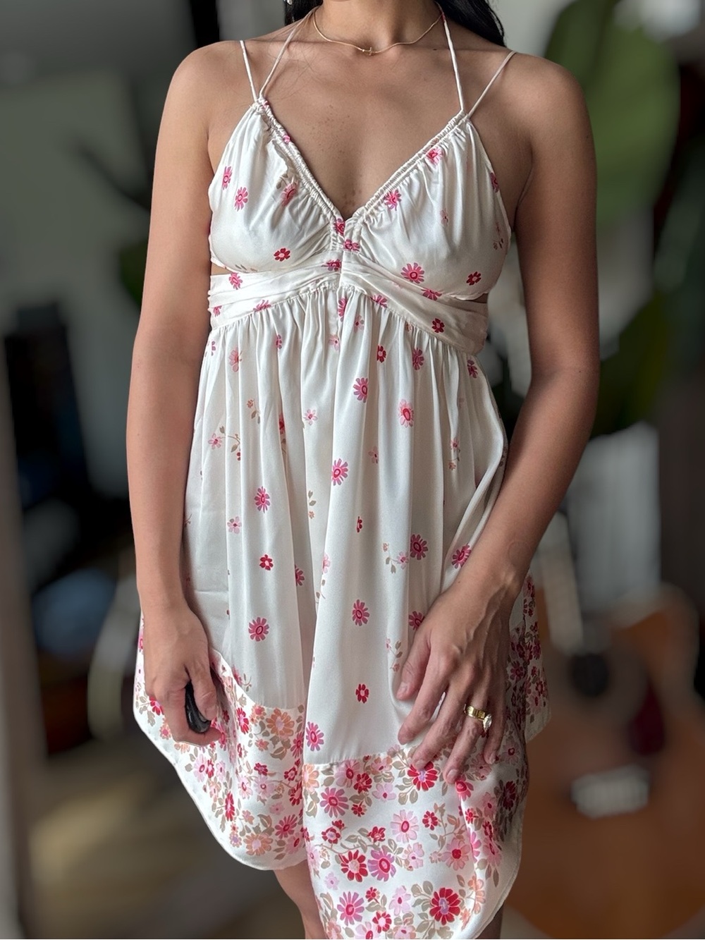 Free People Cream Mini Dress with Pink Floral Border - Picture 3 of 6